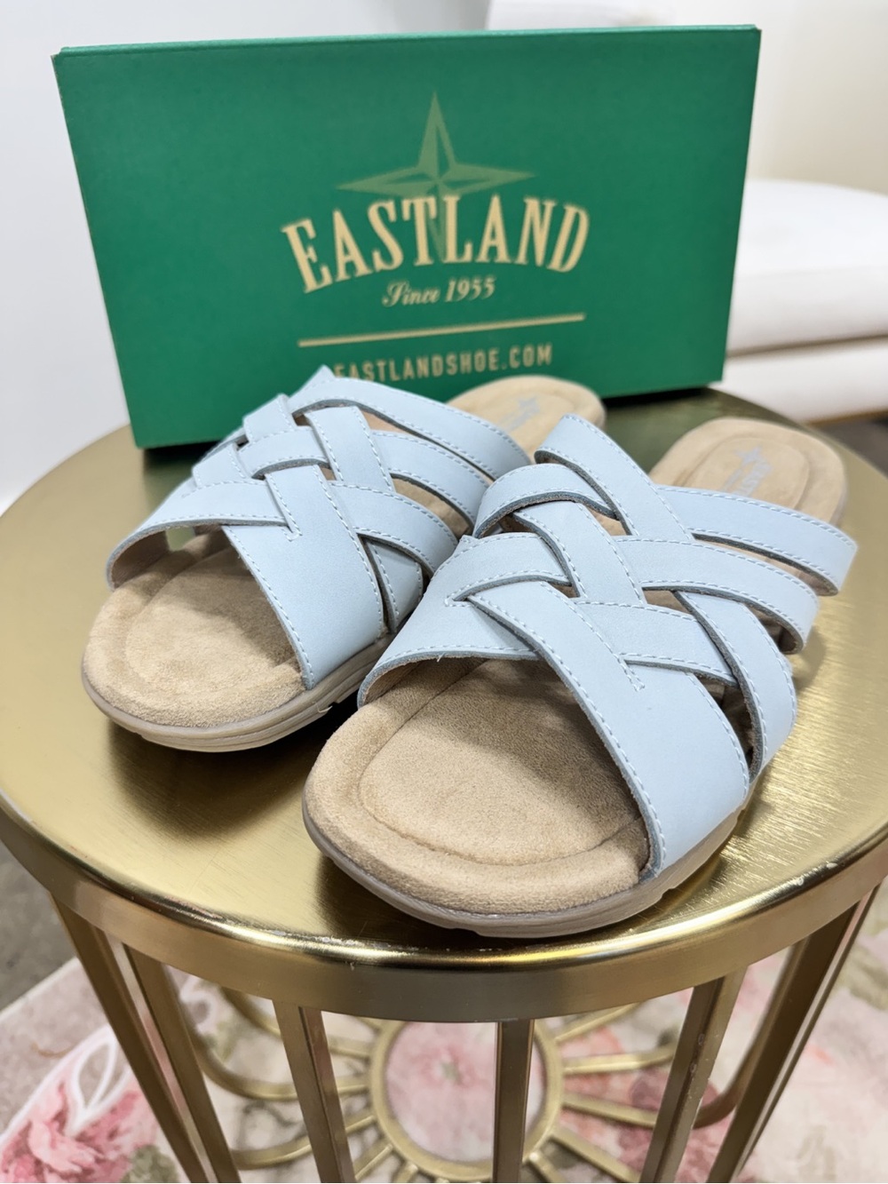 NWT Eastland Hazel Powder Blue Leather Sandals Memory Foam | Size 11W